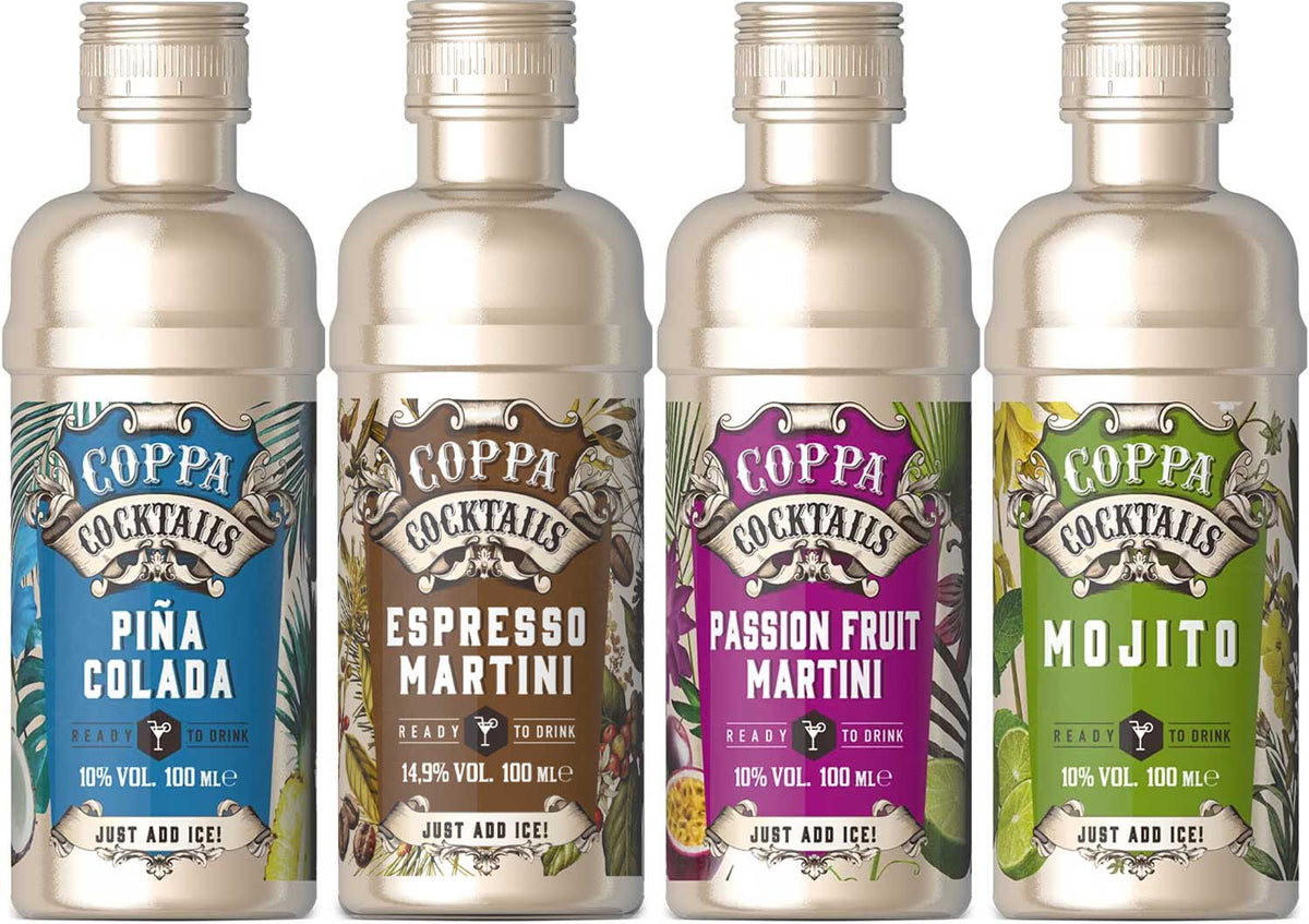 Pre-mixed Ready made Cocktails 100ml each.  (Pack of 4) Pina Colada, Mojito, Espresso and Passion Fruit Martini