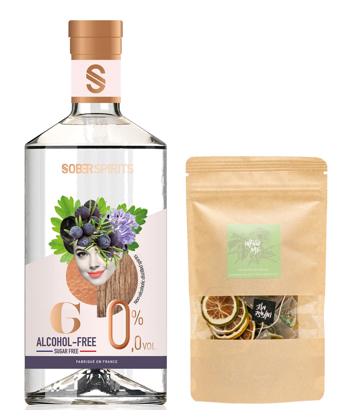 SOBER SPIRITS Non-Alcoholic 0.0% GIN (50cl) and INFUSE Pink Me Cocktail Mocktail Infusion Bags with Garnish