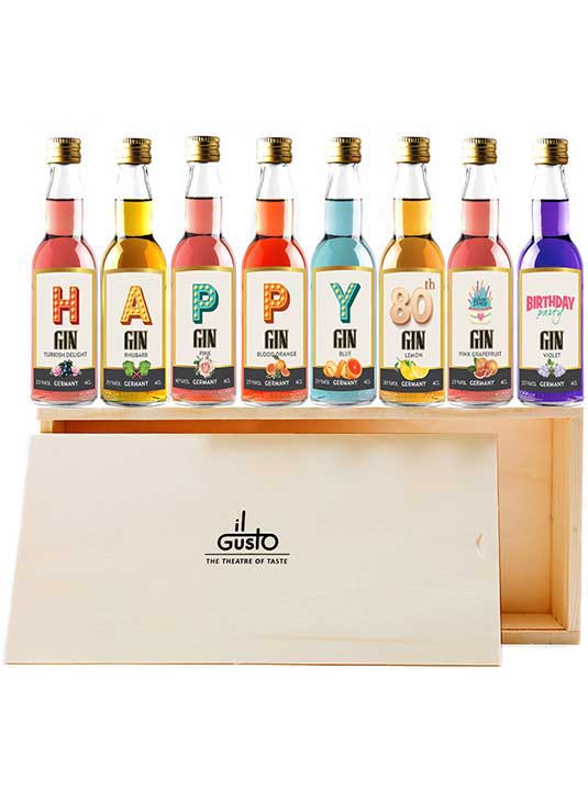 Happy 80th Birthday Gin Selection Gift Set - 8 Gin Flavour Varieties - (Pack of 8)