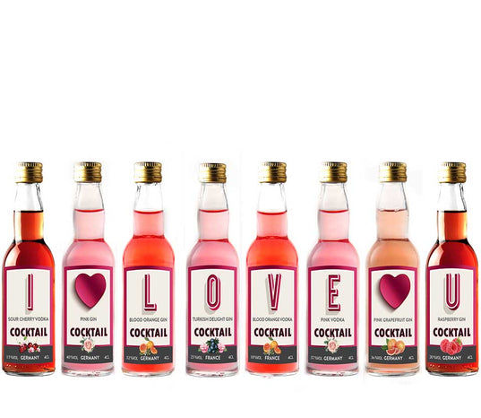 Premium Miniature Flavoured Cocktails Tasting Gift | I Love You Printed Selection Box | 40ml Each (Pack of 8)